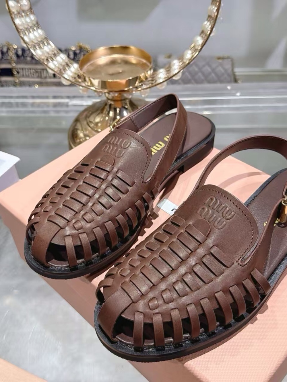 Miu Miu Brown Woven Leather Slingback Sandals - Picture 2 of 7